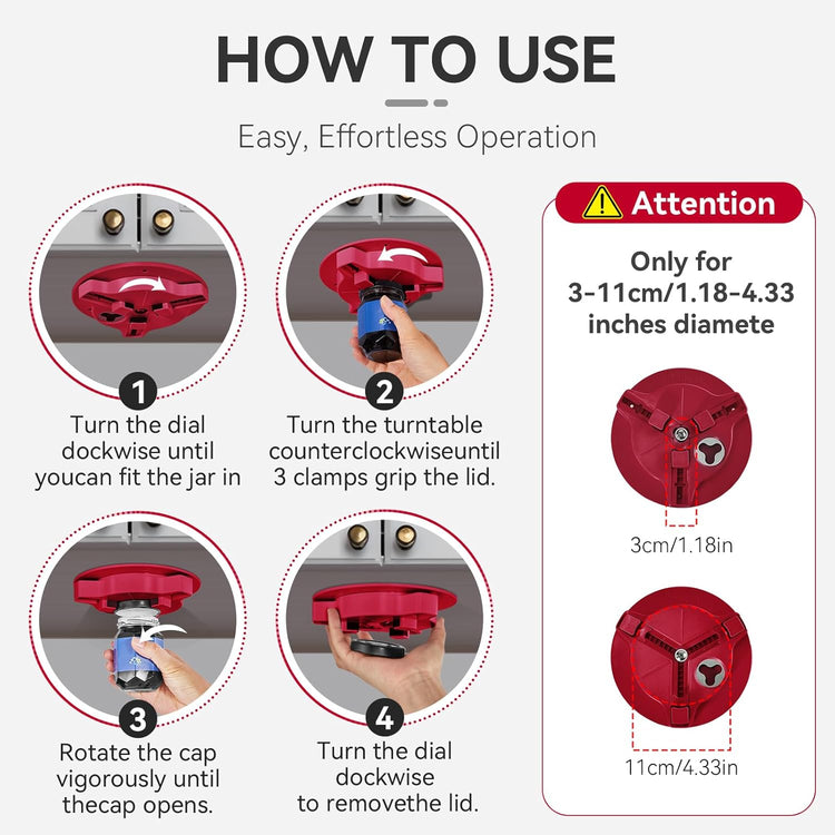 Jar Opener Bottle Opener for Seniors with Arthritis - Under Cabinet Jar Opener for Weak Hands, Rotary Lid Opener, Easy Twist-Off Lids for Jars & Bottles, Original Kitchen Gadgets (Red)