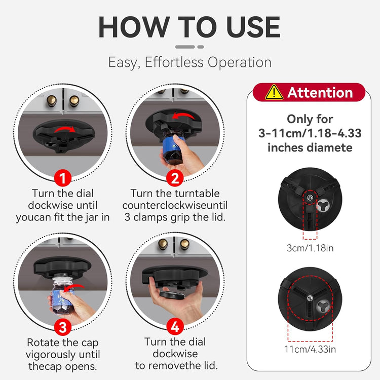 Jar Opener Bottle Opener for Seniors with Arthritis - Under Cabinet Jar Opener for Weak Hands, Rotary Lid Opener, Easy Twist-Off Lids for Jars & Bottles, Original Kitchen Gadgets (Black)