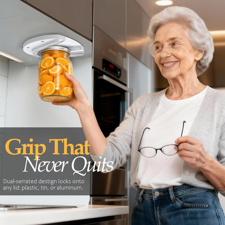 Mount-on Cabinet Jar Opener for Weak Hands,Seniors with Arthritis,Double U Shaped Grooves Grip Bottle Opener for Any Size Lid,304 Stainless Steel One-Handed Can Opener Tool for Home Assistance,White