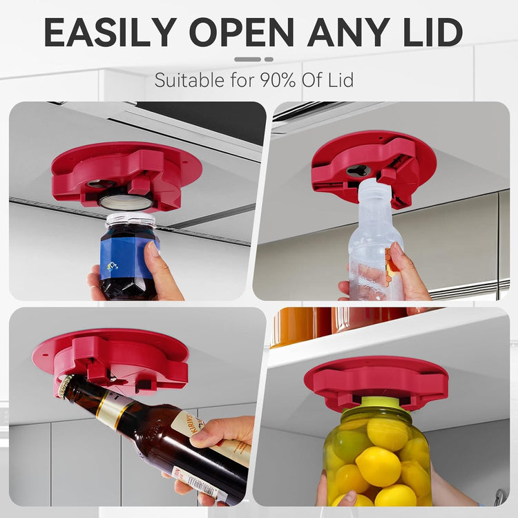 Jar Opener Bottle Opener for Seniors with Arthritis - Under Cabinet Jar Opener for Weak Hands, Rotary Lid Opener, Easy Twist-Off Lids for Jars & Bottles, Original Kitchen Gadgets (Red)