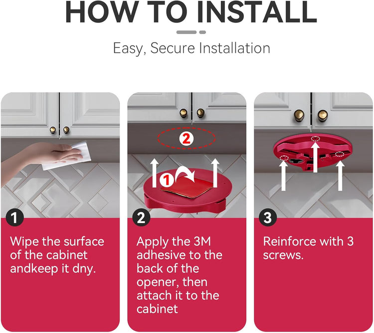 Jar Opener Bottle Opener for Seniors with Arthritis - Under Cabinet Jar Opener for Weak Hands, Rotary Lid Opener, Easy Twist-Off Lids for Jars & Bottles, Original Kitchen Gadgets (Red)