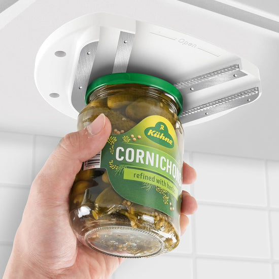 Mount-on Cabinet Jar Opener for Weak Hands,Seniors with Arthritis,Double U Shaped Grooves Grip Bottle Opener for Any Size Lid,304 Stainless Steel One-Handed Can Opener Tool for Home Assistance,White