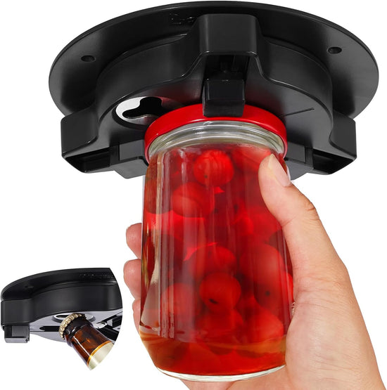 Jar Opener Bottle Opener for Seniors with Arthritis - Under Cabinet Jar Opener for Weak Hands, Rotary Lid Opener, Easy Twist-Off Lids for Jars & Bottles, Original Kitchen Gadgets (Black)