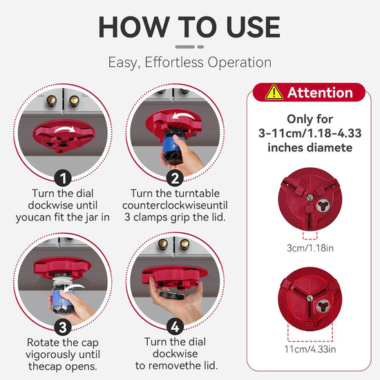 Jar Opener Bottle Opener for Seniors with Arthritis - Under Cabinet Jar Opener for Weak Hands, Rotary Lid Opener, Easy Twist-Off Lids for Jars & Bottles, Original Kitchen Gadgets (Red)