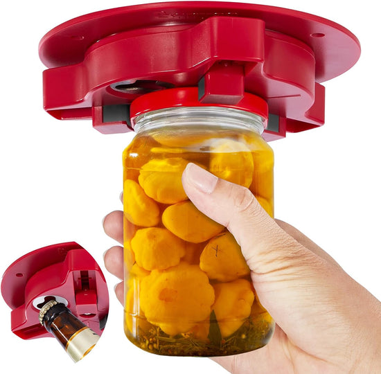 Jar Opener Bottle Opener for Seniors with Arthritis - Under Cabinet Jar Opener for Weak Hands, Rotary Lid Opener, Easy Twist-Off Lids for Jars & Bottles, Original Kitchen Gadgets (Red)