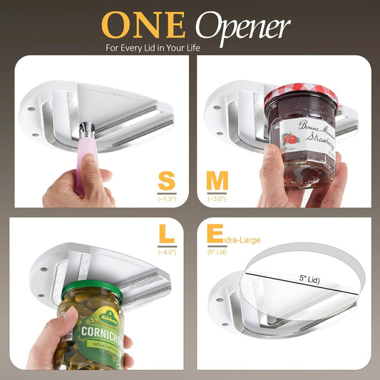 Mount-on Cabinet Jar Opener for Weak Hands,Seniors with Arthritis,Double U Shaped Grooves Grip Bottle Opener for Any Size Lid,304 Stainless Steel One-Handed Can Opener Tool for Home Assistance,White