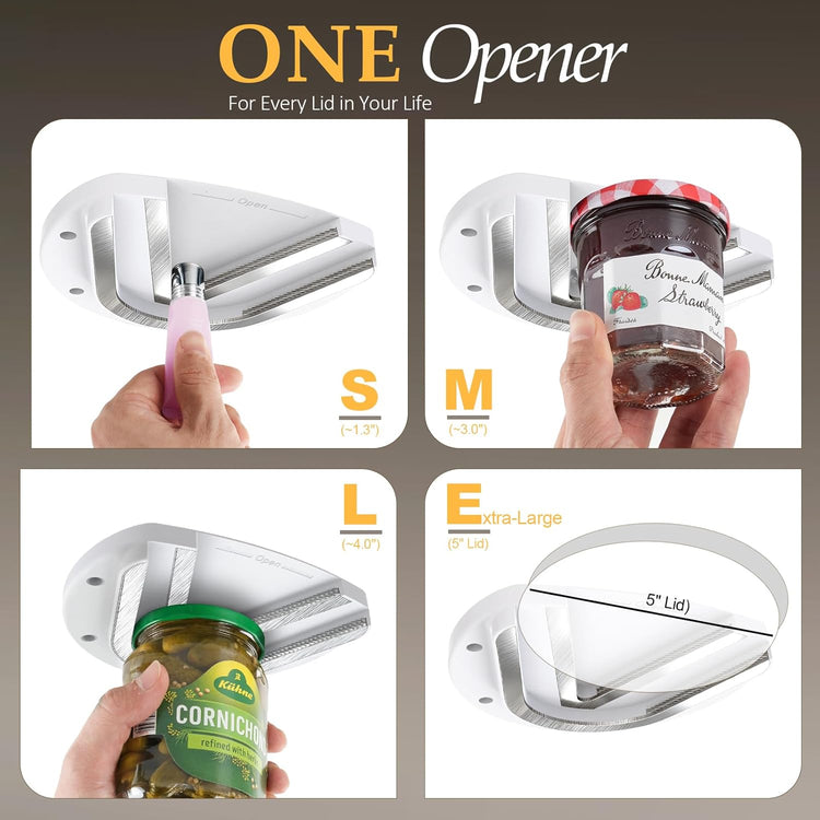 Mount-on Cabinet Jar Opener for Weak Hands,Seniors with Arthritis,Double U Shaped Grooves Grip Bottle Opener for Any Size Lid,304 Stainless Steel One-Handed Can Opener Tool for Home Assistance,White